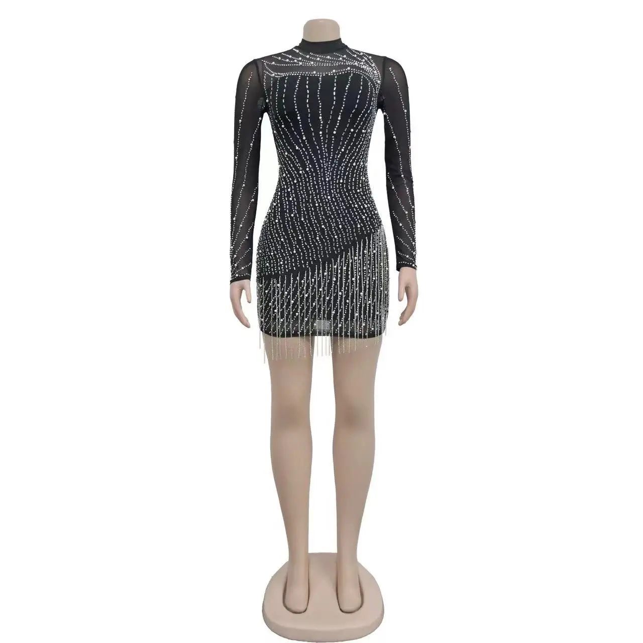 Black Color Long Sleeve Women's Sexy Night Club Bodycon Rhinestone Dress With High Stretch Mesh Diamond Skirt