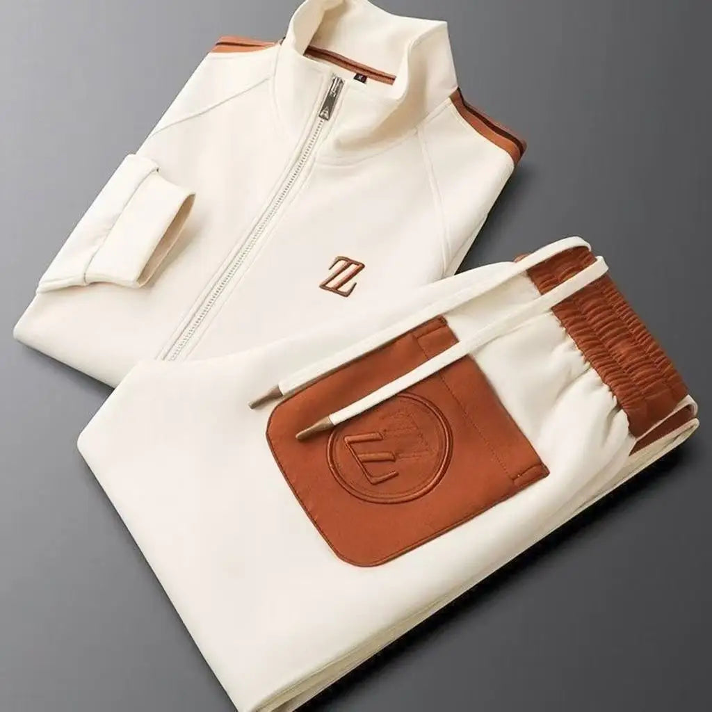 Men's Spring Solid Vertical Collar Casual Sports Suit Trendy Fashion Sportswear Long Sleeve Straight Pants Two-piece Set 100%