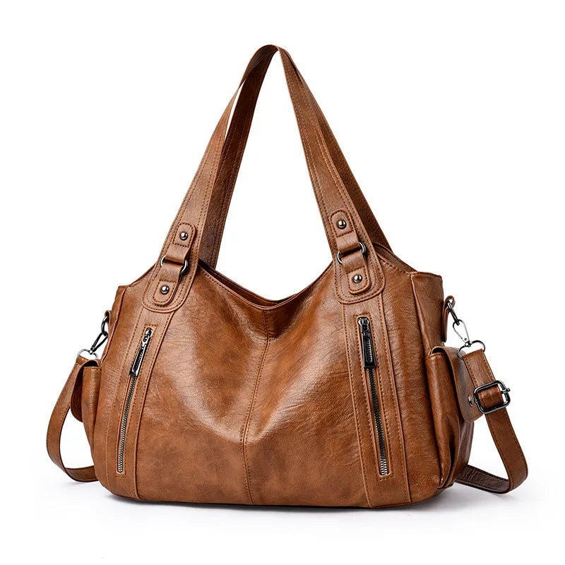 Cowhide Leather Women Crossbody PU Black Shoulder Bag European American Style Fashionable Large Capacity PU Zipper Handle Bags