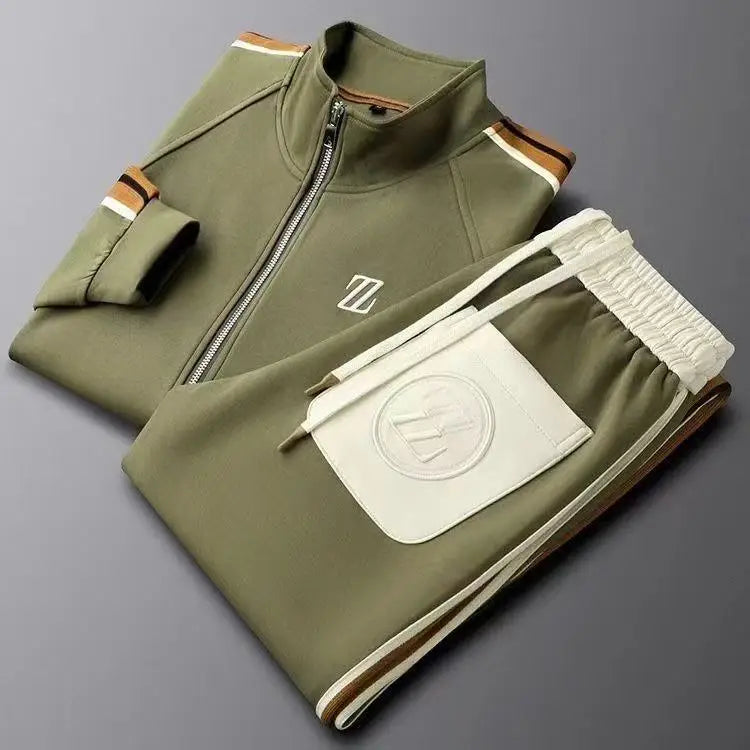 Men's Spring Solid Vertical Collar Casual Sports Suit Trendy Fashion Sportswear Long Sleeve Straight Pants Two-piece Set 100%