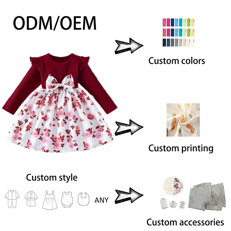 Toddler Girls Knee-Length Long Sleeve Floral Print Dress with Bow Ruffle Casual Soft Stretchy ODM Kids Clothes