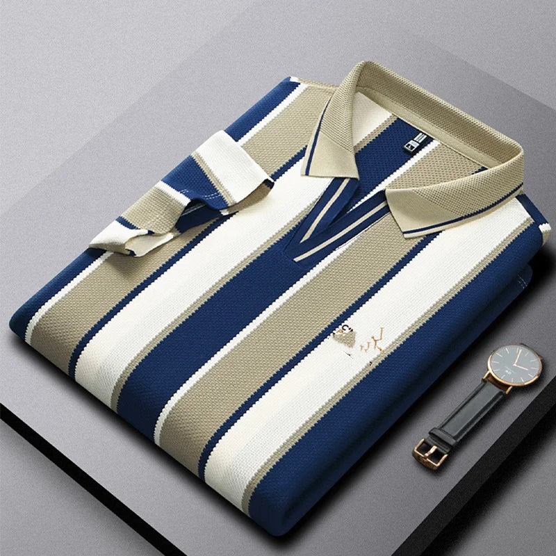 Summer Striped Short-sleeved Top with V-neck, Embroidered, Business Casual Men's Loose T-shirt, Office Shirt, Polo Shirt