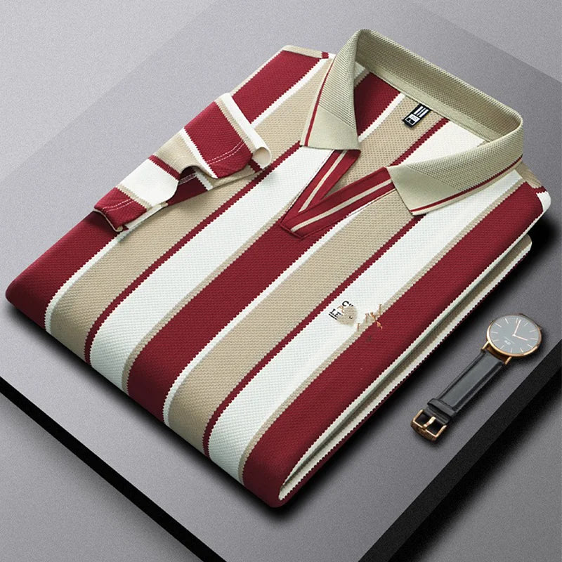 Summer Striped Short-sleeved Top with V-neck, Embroidered, Business Casual Men's Loose T-shirt, Office Shirt, Polo Shirt
