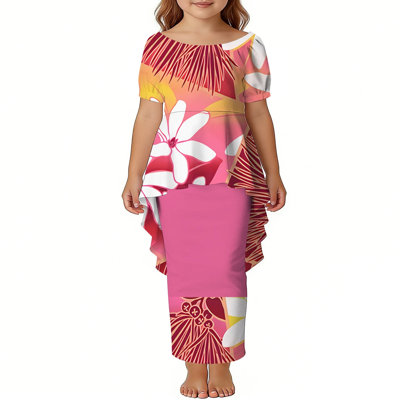 Custom Girls Puletasi Set Dress Top and Skirts Pacific Island Design Plus Size Kids Dress Short Sleeve Toddler Clothes Two Piece