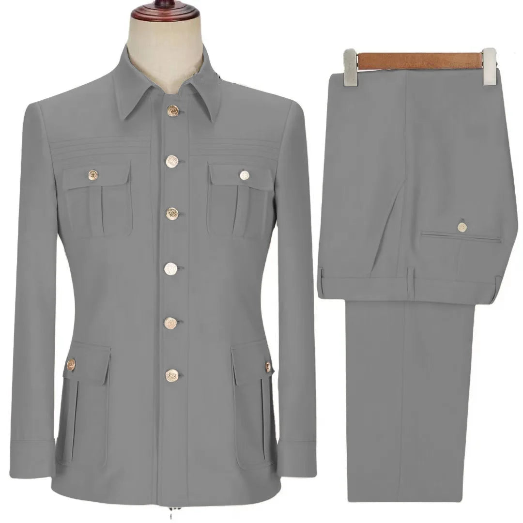 Asian sizes Solid Color Multi-Pocket Single Breasted Lapel Men's Zhongshan Collar Suit 2 Piece Set Sehe Fashion