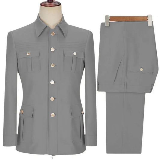 Asian sizes Solid Color Multi-Pocket Single Breasted Lapel Men's Zhongshan Collar Suit 2 Piece Set Sehe Fashion