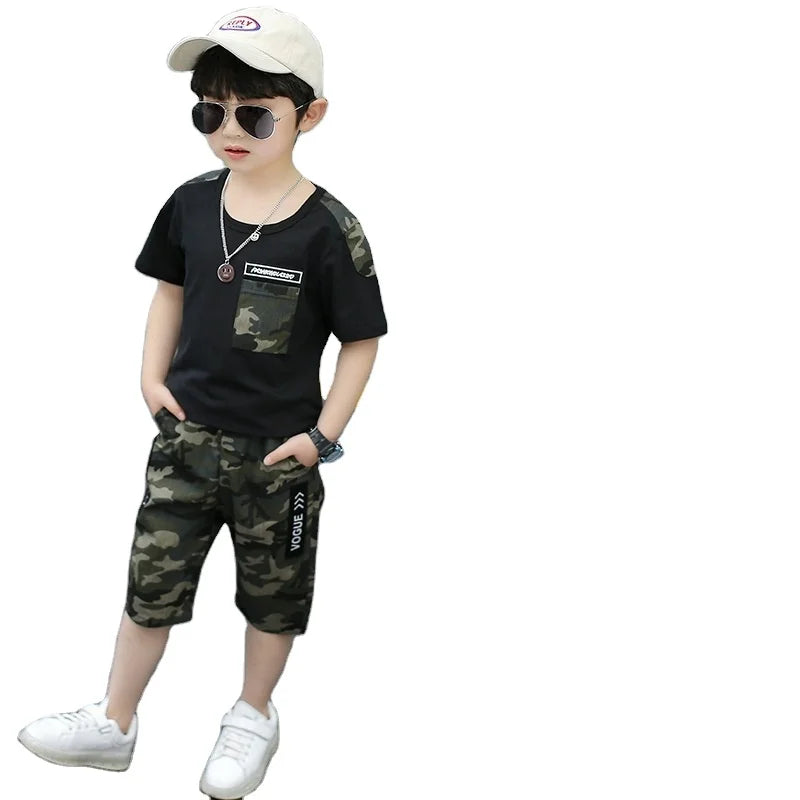 Hot Selling Kid Sets 3 to 12 Years Old Clothing Camouflage Printed Casual Wear School Big Boys Clothes Summer