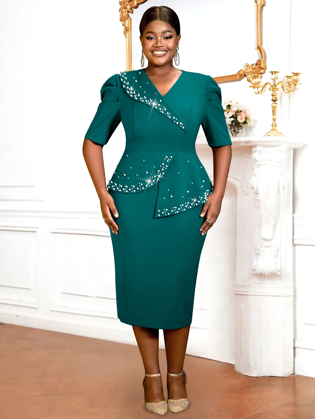 women clothes Half Sleeve V Neck Asymmetric Peplum Beaded Office Lady Career Dresses