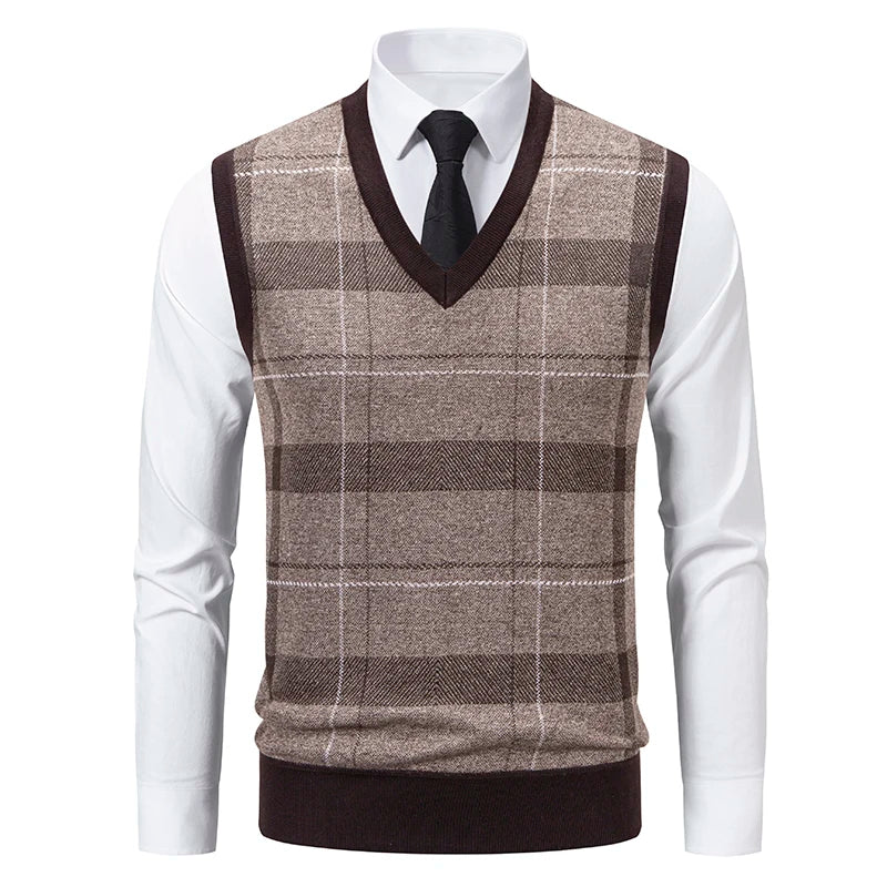 Autumn Winter Dad Style Checkered Cardigan Sweater Vest for Men Fleece-Lined Casual Pullover Loose Fit for Middle-Aged Elderly