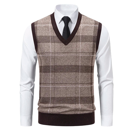 Autumn Winter Dad Style Checkered Cardigan Sweater Vest for Men Fleece-Lined Casual Pullover Loose Fit for Middle-Aged Elderly