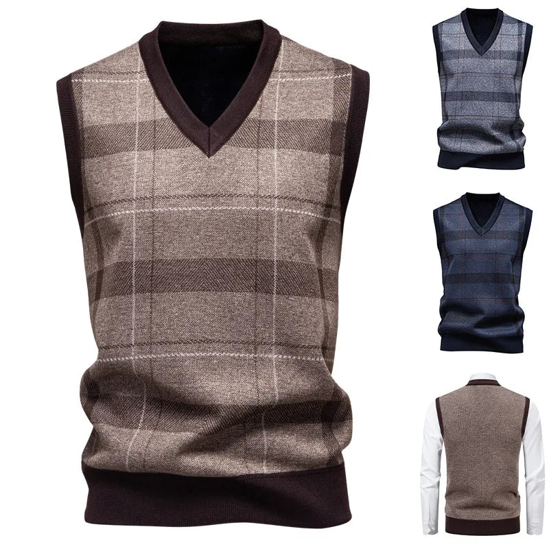 Autumn Winter Dad Style Checkered Cardigan Sweater Vest for Men Fleece-Lined Casual Pullover Loose Fit for Middle-Aged Elderly