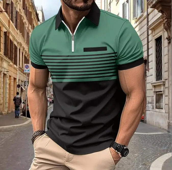 Custom Design Men's Zipper Collar T-shirts Printed Fashion Striped Business Casual Short Sleeve Polo Shirts
