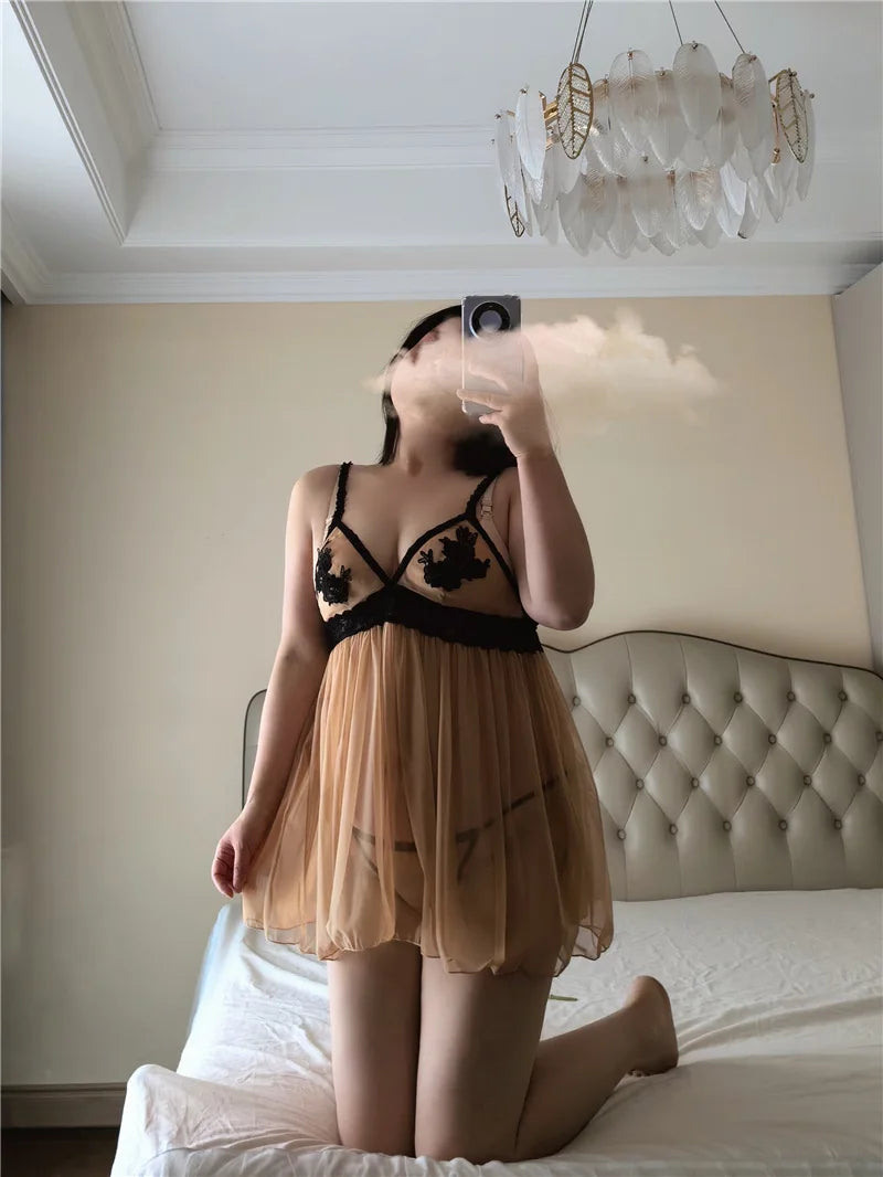 6XLEuropean and American Lingerie Plus Size Pajamas Women's Lace Nightgown Hot Sexy Deep V Transparent Sex Lingerie Night Dress
