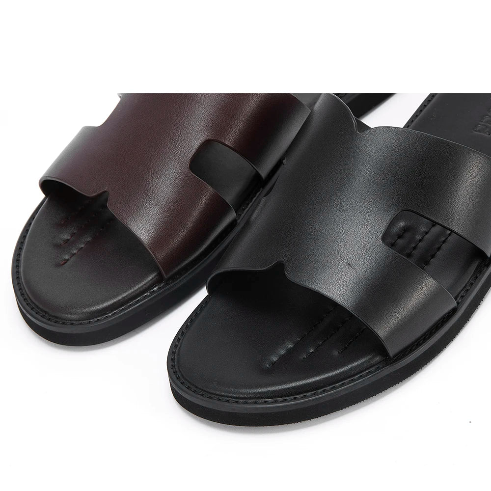 2025 Elegant Men's Calf Leather Non-slip Slippers Top Grade Cowhide Vamp Soft Comfortable Breathable Mens Daily Sandals Shoes