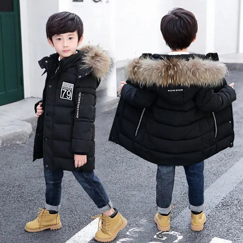 Children New Fashion Winter Outwear for Boys Warm Hooded Long Coat 90% Cotton Baby Casual Jackets Clothes for Boys Kids Parkas