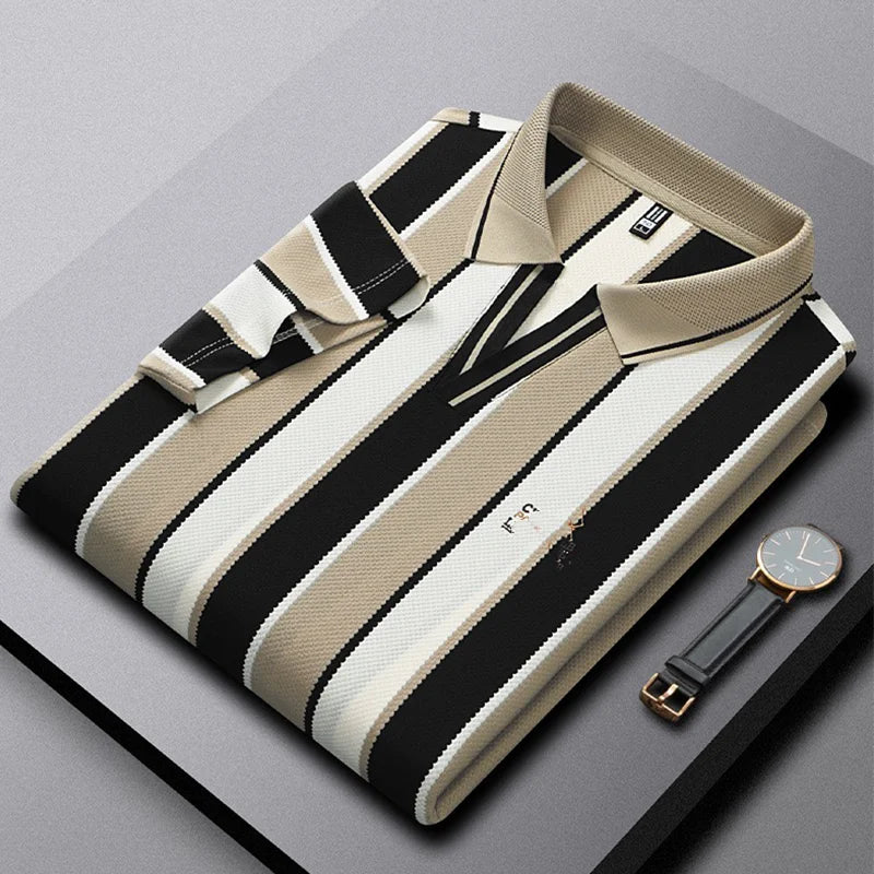 Summer Striped Short-sleeved Top with V-neck, Embroidered, Business Casual Men's Loose T-shirt, Office Shirt, Polo Shirt