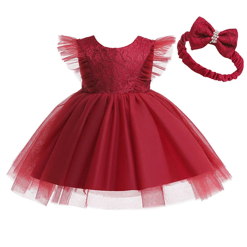 High Quality Ruffle Lace Baby Girls Boo Dress Newborn Photoshoot Red Oldrose Party Wedding Dress for 8 Months Kids in Guangzhou