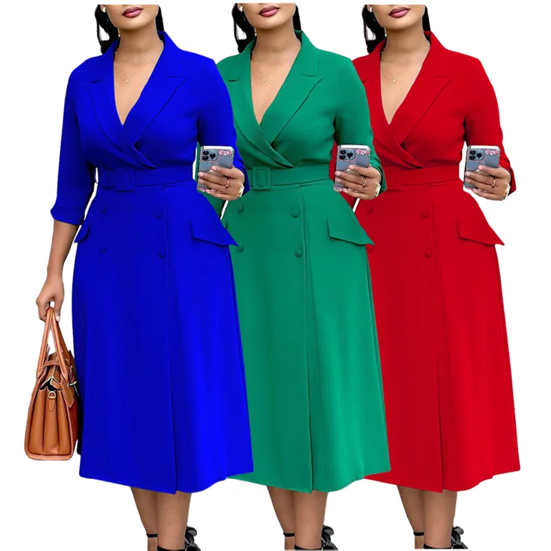D3294 Trendy Autumn Dresses Women Casual Elegant Double Breasted Three Quarter Suit Collar Office Lady Formal Dress for Women