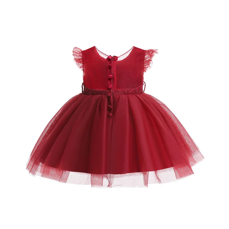 High Quality Ruffle Lace Baby Girls Boo Dress Newborn Photoshoot Red Oldrose Party Wedding Dress for 8 Months Kids in Guangzhou