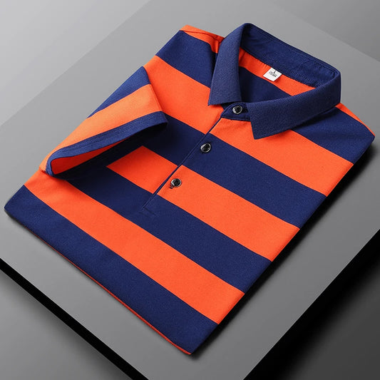 ANSZKTN Summer Men Short Sleeve T-shirt Striped Cotton Business Lapel Polo T Shirts Jersey Polo Shirt for Mens