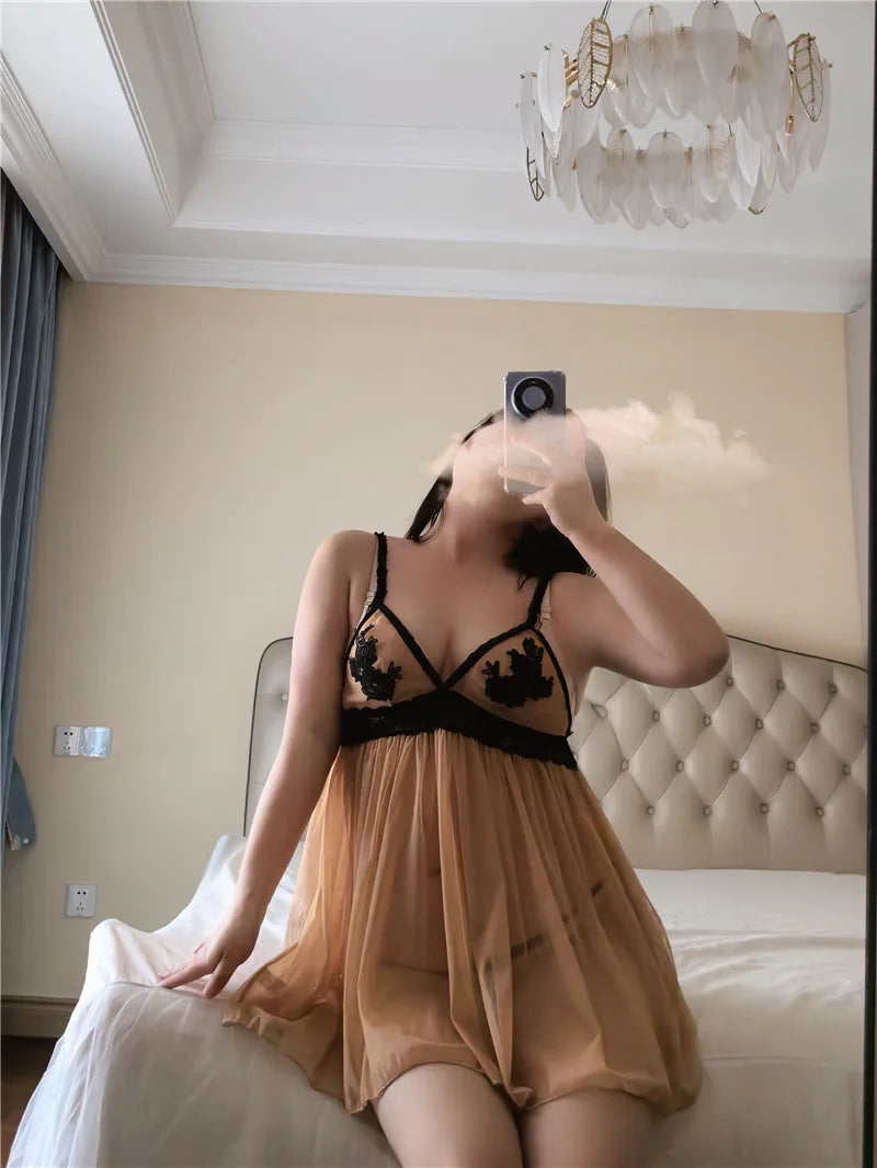6XLEuropean and American Lingerie Plus Size Pajamas Women's Lace Nightgown Hot Sexy Deep V Transparent Sex Lingerie Night Dress