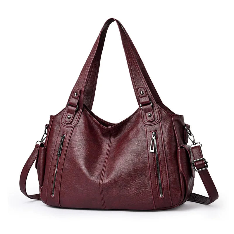Cowhide Leather Women Crossbody PU Black Shoulder Bag European American Style Fashionable Large Capacity PU Zipper Handle Bags