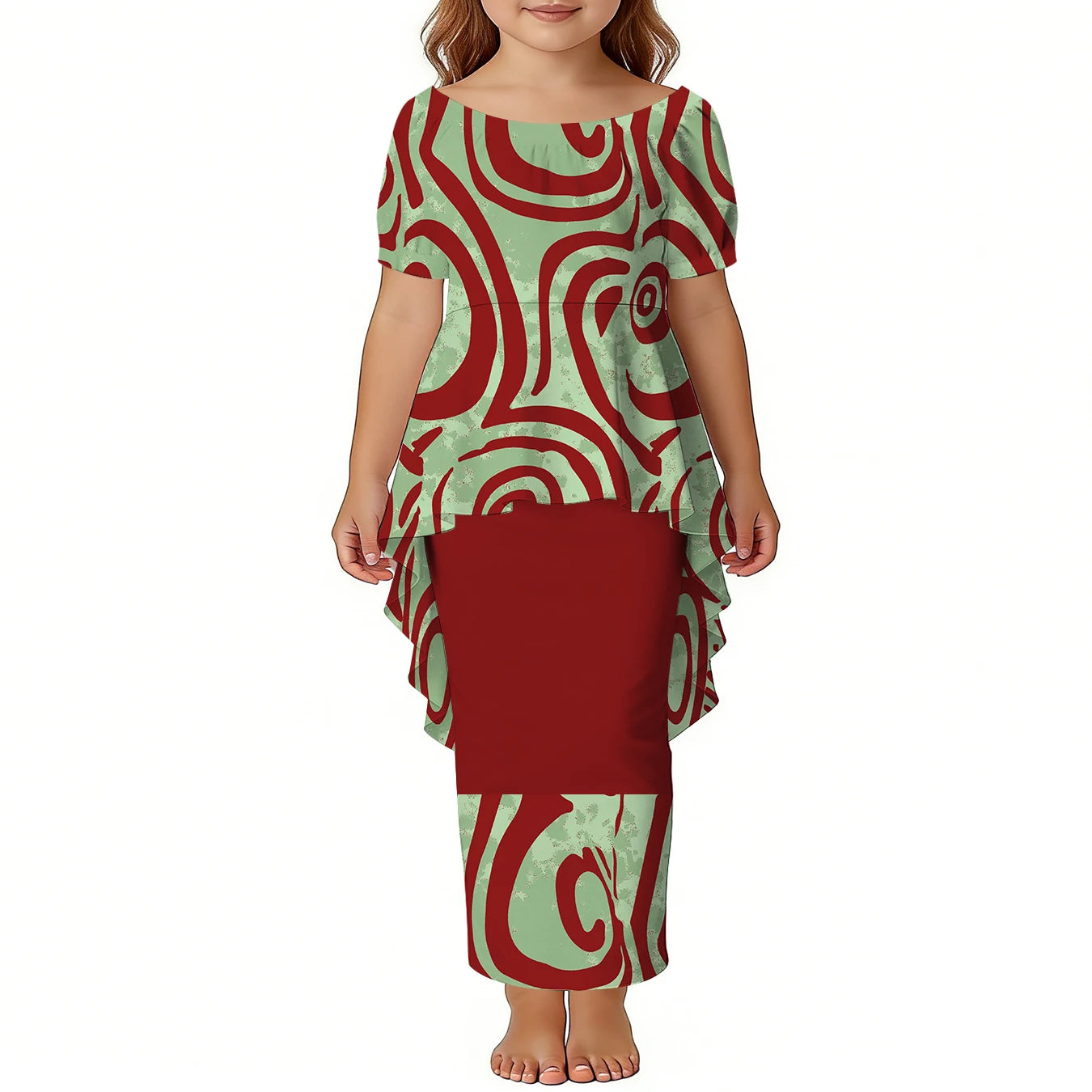 Custom Girls Puletasi Set Dress Top and Skirts Pacific Island Design Plus Size Kids Dress Short Sleeve Toddler Clothes Two Piece