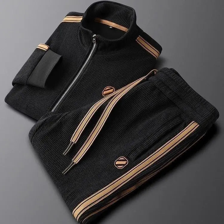 Light Luxury Autumn Thermal Solid Color Casual Sporty Sports Suit Slim-fit Fashionable Jacket Men's Patchwork Two-piece Set 100%
