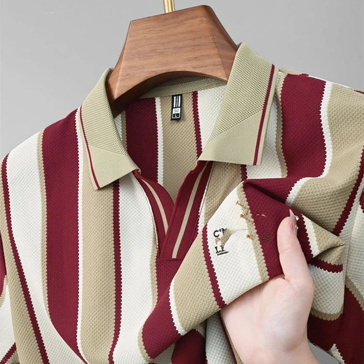 Summer Striped Short-sleeved Top with V-neck, Embroidered, Business Casual Men's Loose T-shirt, Office Shirt, Polo Shirt