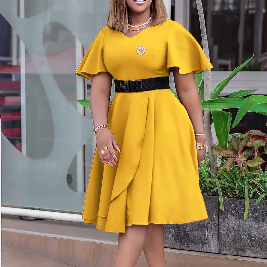 Women clothes Popular Plus Size Women's Spring Summer Flare Short Sleeve Natural Waist High Waist Belted Office Knee-Length Casual ODM Dress