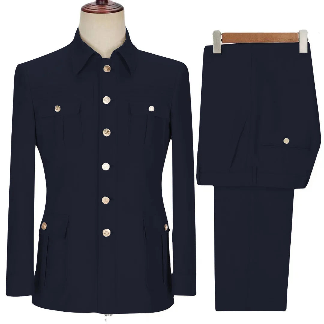 Asian sizes Solid Color Multi-Pocket Single Breasted Lapel Men's Zhongshan Collar Suit 2 Piece Set Sehe Fashion