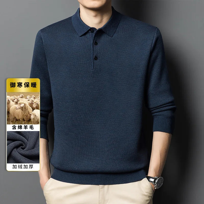 Men's Formal Winter Lapel Machine Washed Velvet Thickening Knit Top and Bottom for Polo Shirt Plus Size Warm Style