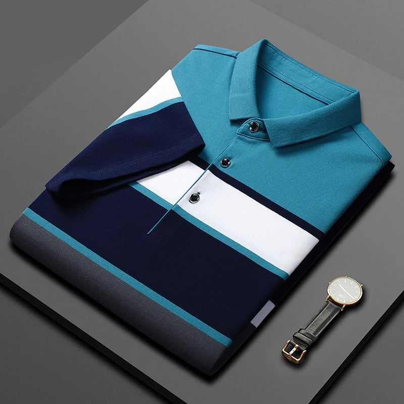 ANSZKTN Summer New High-quality Men's Striped Short Sleeve T-shirt Cotton Thin Style Business Lapel Polo Shirt