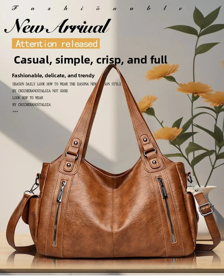 Cowhide Leather Women Crossbody PU Black Shoulder Bag European American Style Fashionable Large Capacity PU Zipper Handle Bags