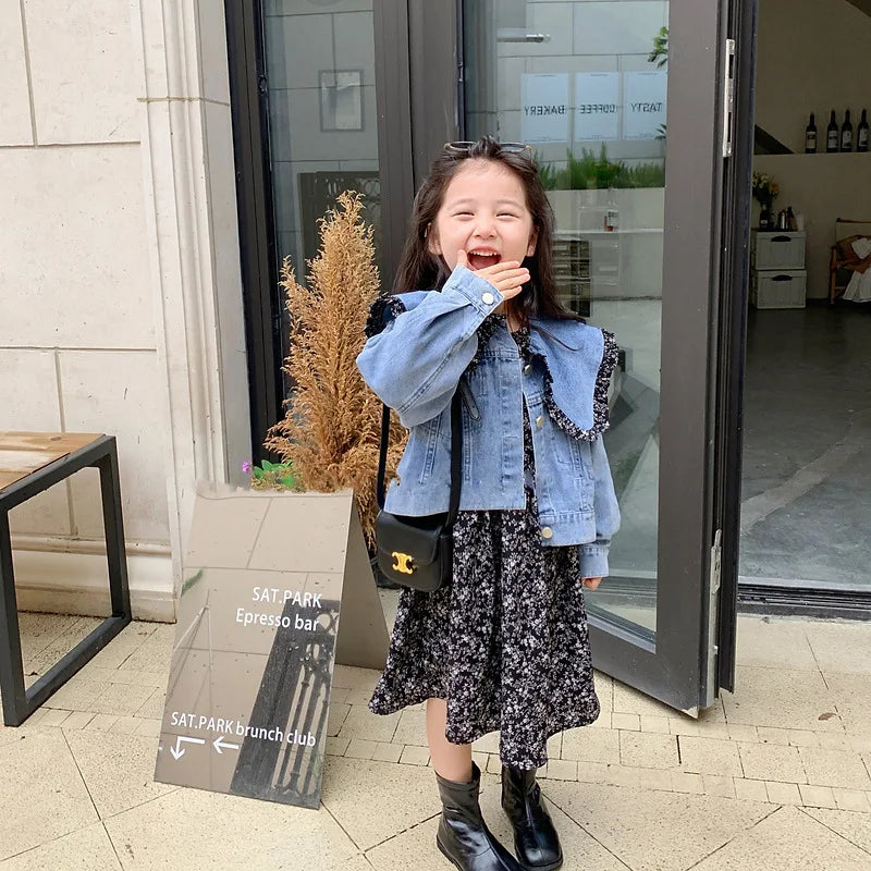 Autumn Korean Design Little Baby Girls Long Sleeve Flower A-Line Breathable Eco-Friendly Dresses Toddler Kids