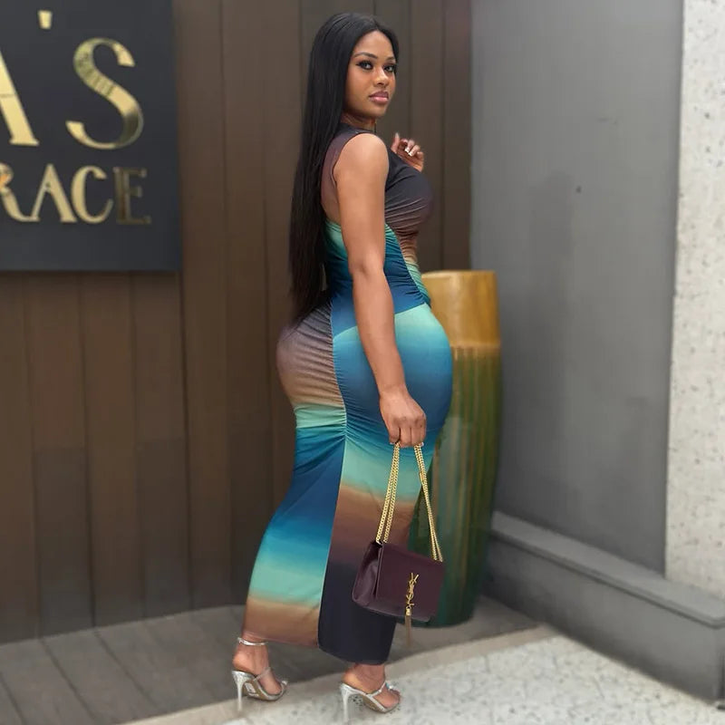 Trending Products 2026 Sexy Slim Fit Gradient Color High Neck Sleeveless Long Dress Women's Clothing Elegant Casual Maxi Dress
