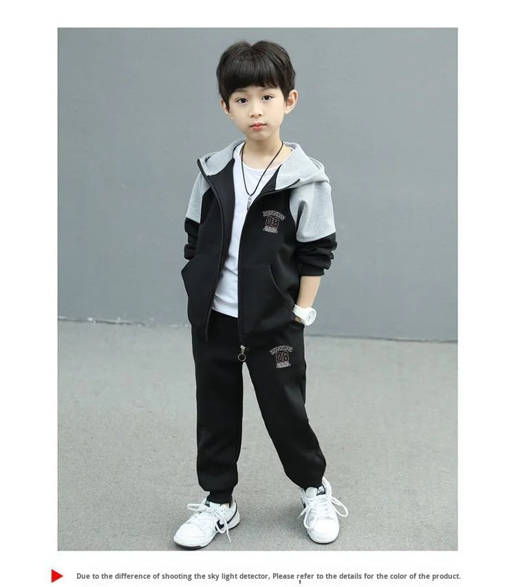 Autumn and Spring New Style Boys' Casual Sports Two-Piece Hooded Cardigan Sweatshirt Jacket Set for Kids