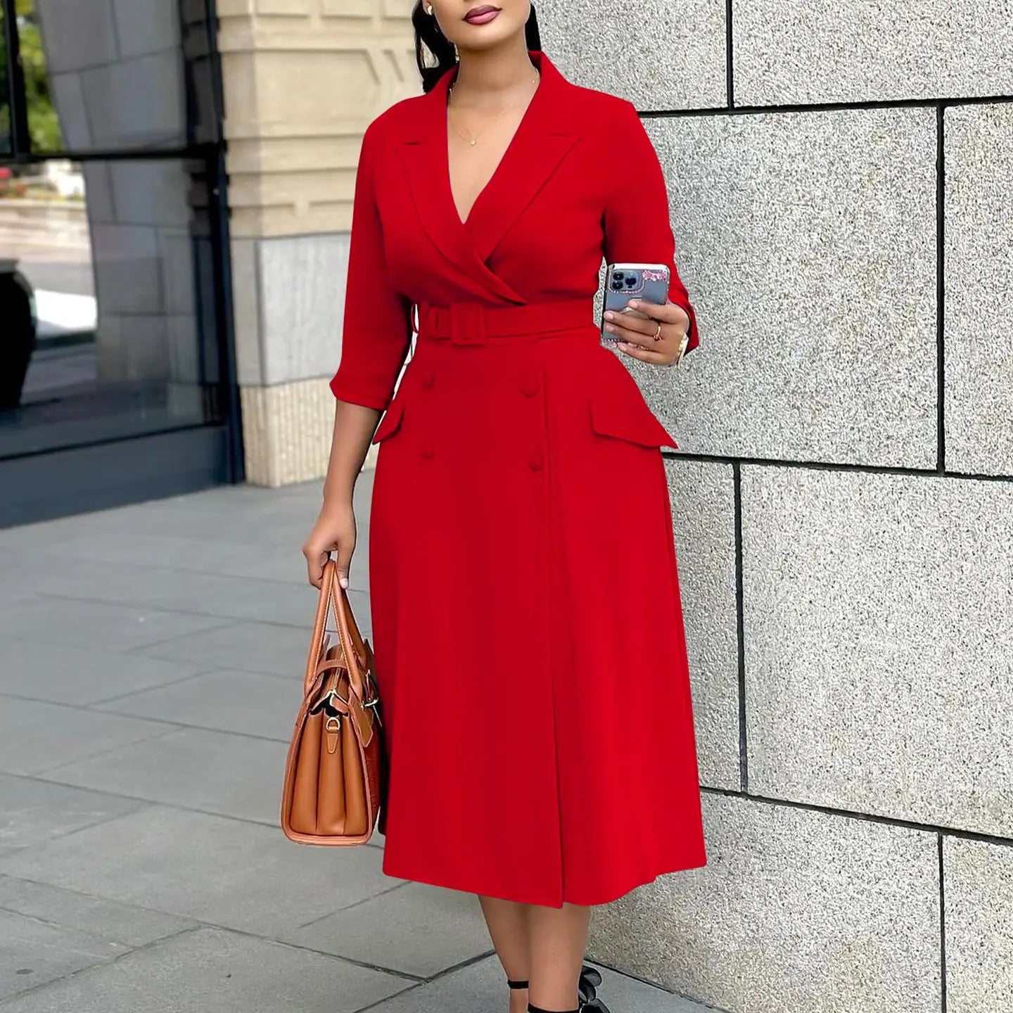 A0065 Fashion Women V-neck Solid Color Spandex Chiffon Bodycon Formal Shirt Dress Half Sleeve Office Africa Dress