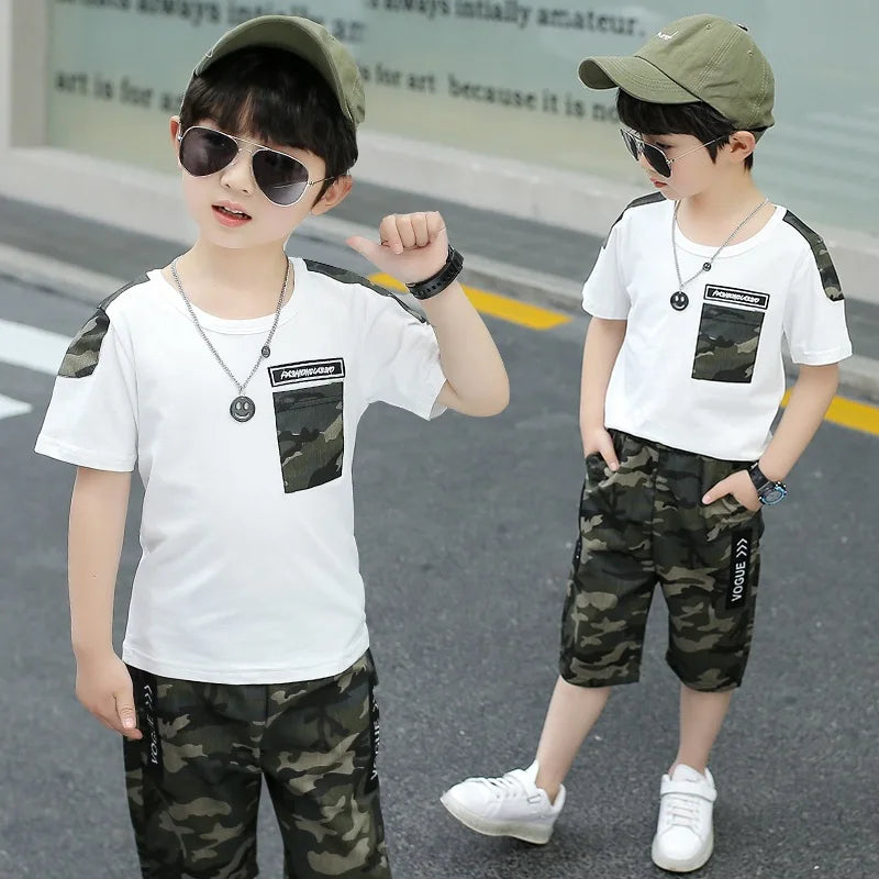Hot Selling Kid Sets 3 to 12 Years Old Clothing Camouflage Printed Casual Wear School Big Boys Clothes Summer