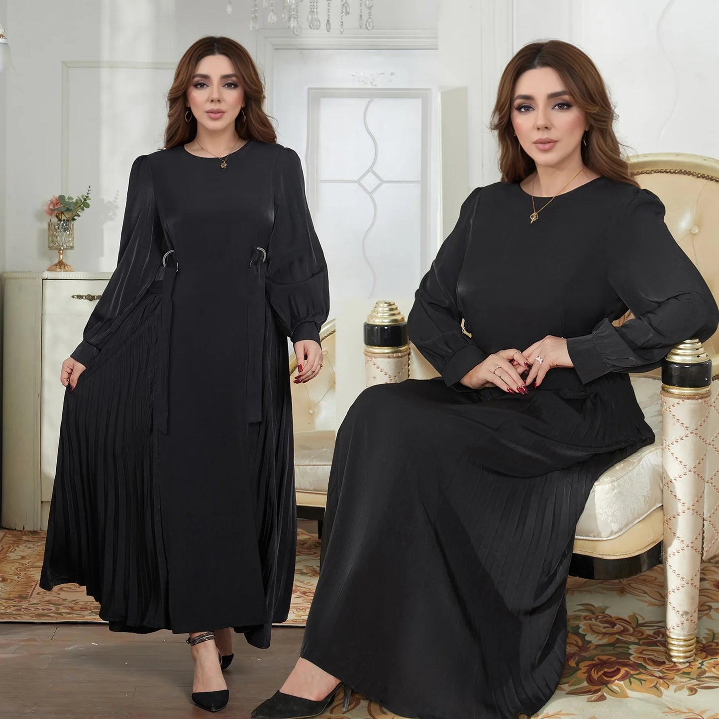 new Wholesale Traditional Muslim Clothing Moroccan Abaya Robe Dress With Rhinestones and Trumpet Sleeves Khimar Abaya