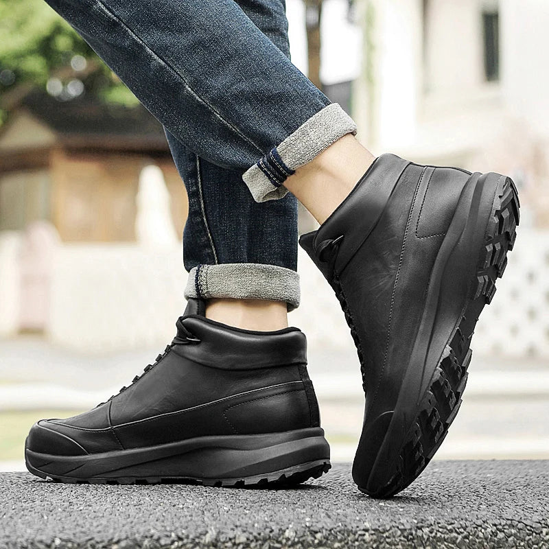 Factory Supply Custom LOGO Service Hand Made Soft-Sole Middle Top Men's Pure Cow Genuine Leather Casual Boot Sneaker Shoes