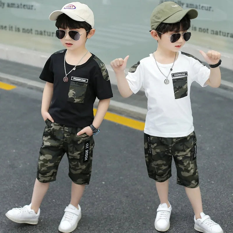 Hot Selling Kid Sets 3 to 12 Years Old Clothing Camouflage Printed Casual Wear School Big Boys Clothes Summer