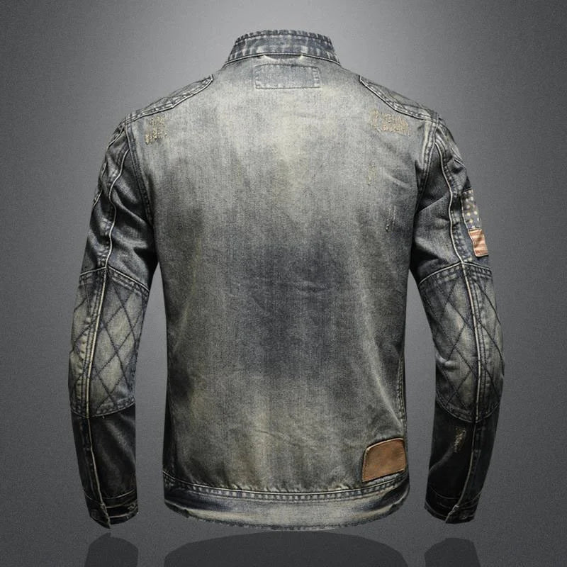 Vintage Denim Jacket With Zip Stand up Cotton Slim Fit Denim Coat Jeans Long Sleeve Loose Pocket Zipper Top Jacket Men