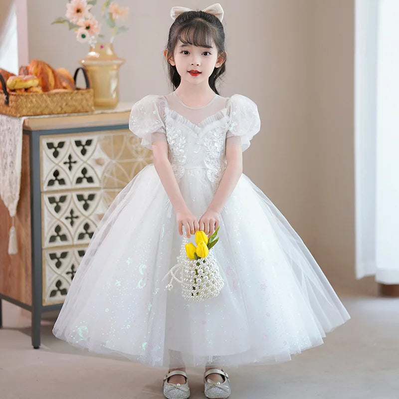 Elegant Princess Lace Dress Kids Flower Embroidery Dresses for Girls Vintage Children Dresses for Christmas Party Red Ball Gown