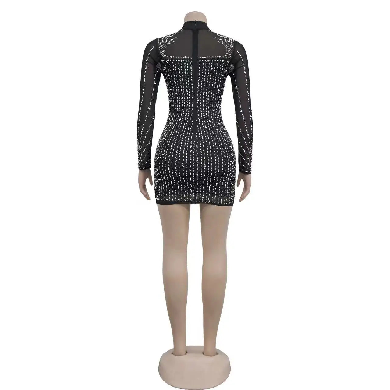 Black Color Long Sleeve Women's Sexy Night Club Bodycon Rhinestone Dress With High Stretch Mesh Diamond Skirt