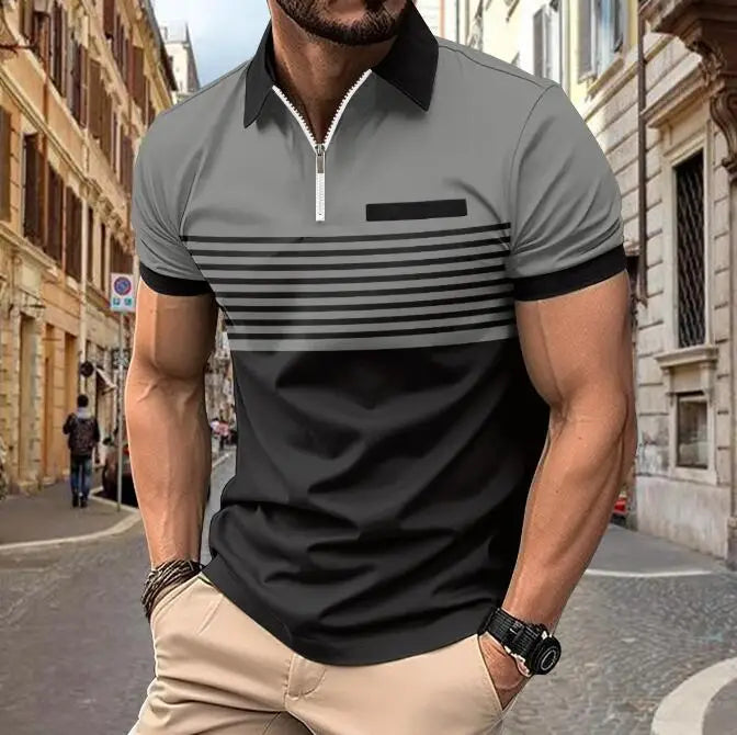 Custom Design Men's Zipper Collar T-shirts Printed Fashion Striped Business Casual Short Sleeve Polo Shirts