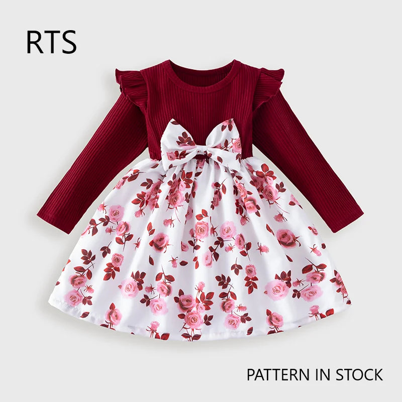 Toddler Girls Knee-Length Long Sleeve Floral Print Dress with Bow Ruffle Casual Soft Stretchy ODM Kids Clothes