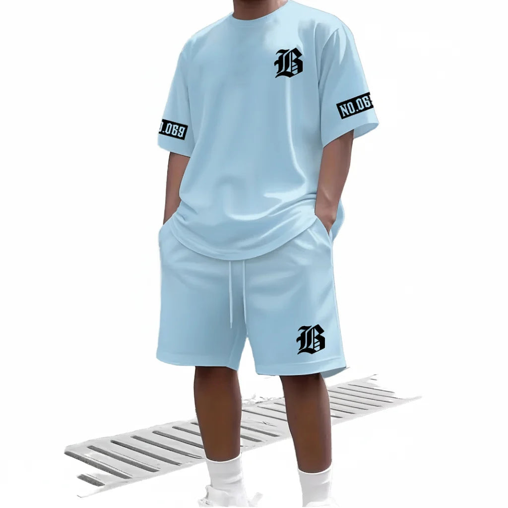 oem Custom Mens Summer Casual 2-piece T-shirt Set || Breathable 100% Polyester Digital Print Streetwear || Private Label