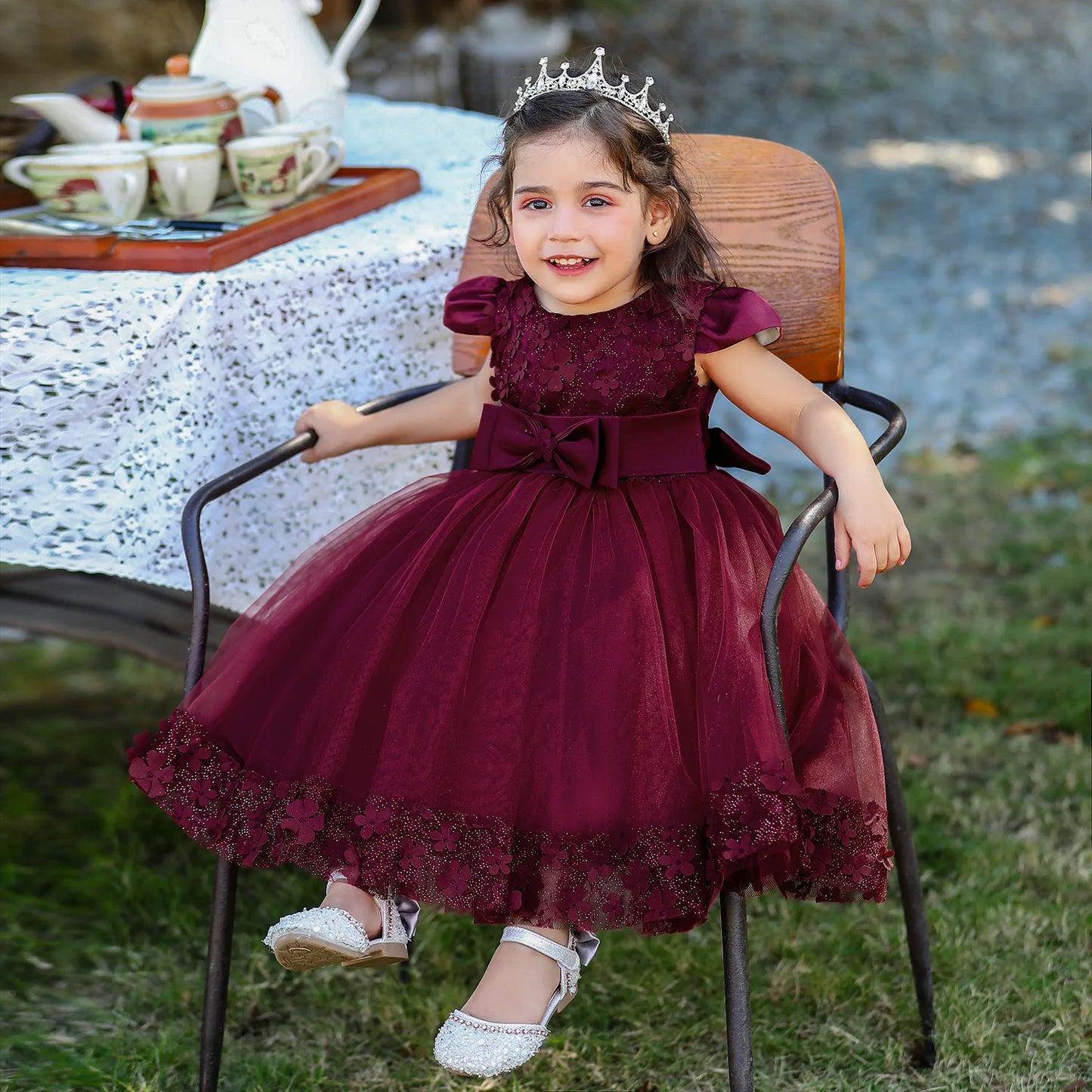 Summer 1 Year Baby Birthday Dress Children Christening Clothing Baptism Toddler Party Kids Costume Blue Flower Lace Princess