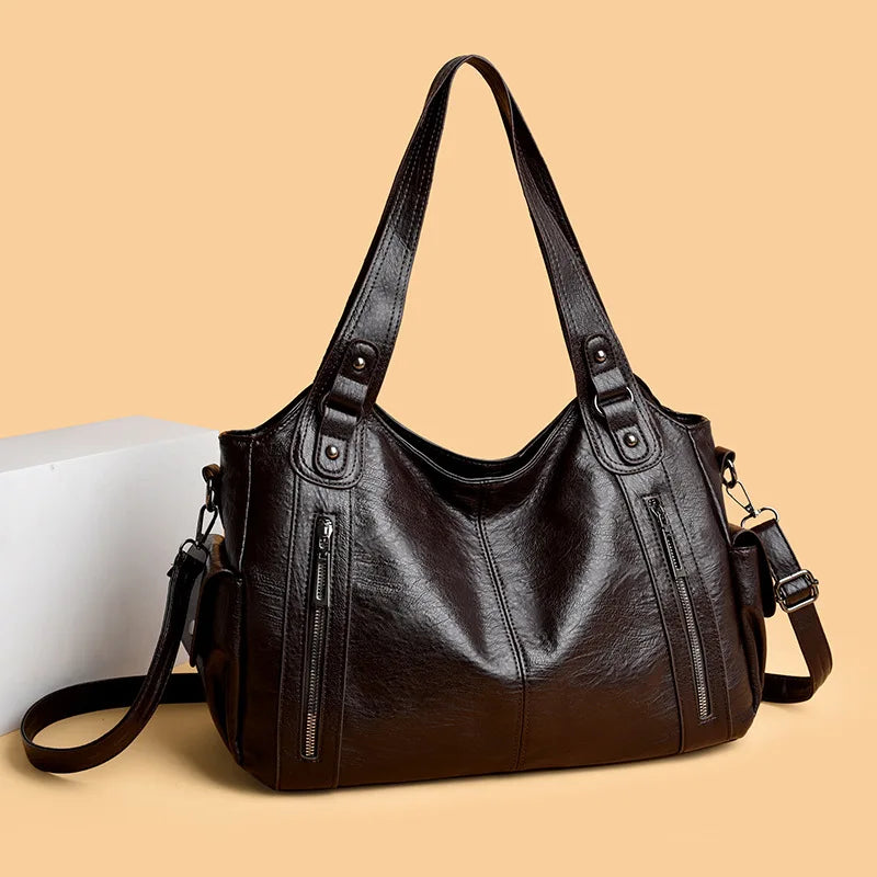 Cowhide Leather Women Crossbody PU Black Shoulder Bag European American Style Fashionable Large Capacity PU Zipper Handle Bags